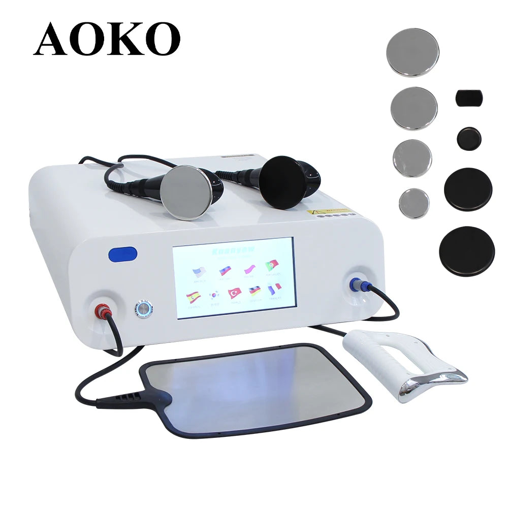 White radiofrequency skin tightening machine with a digital screen, metal applicators, and a flat grounding plate.