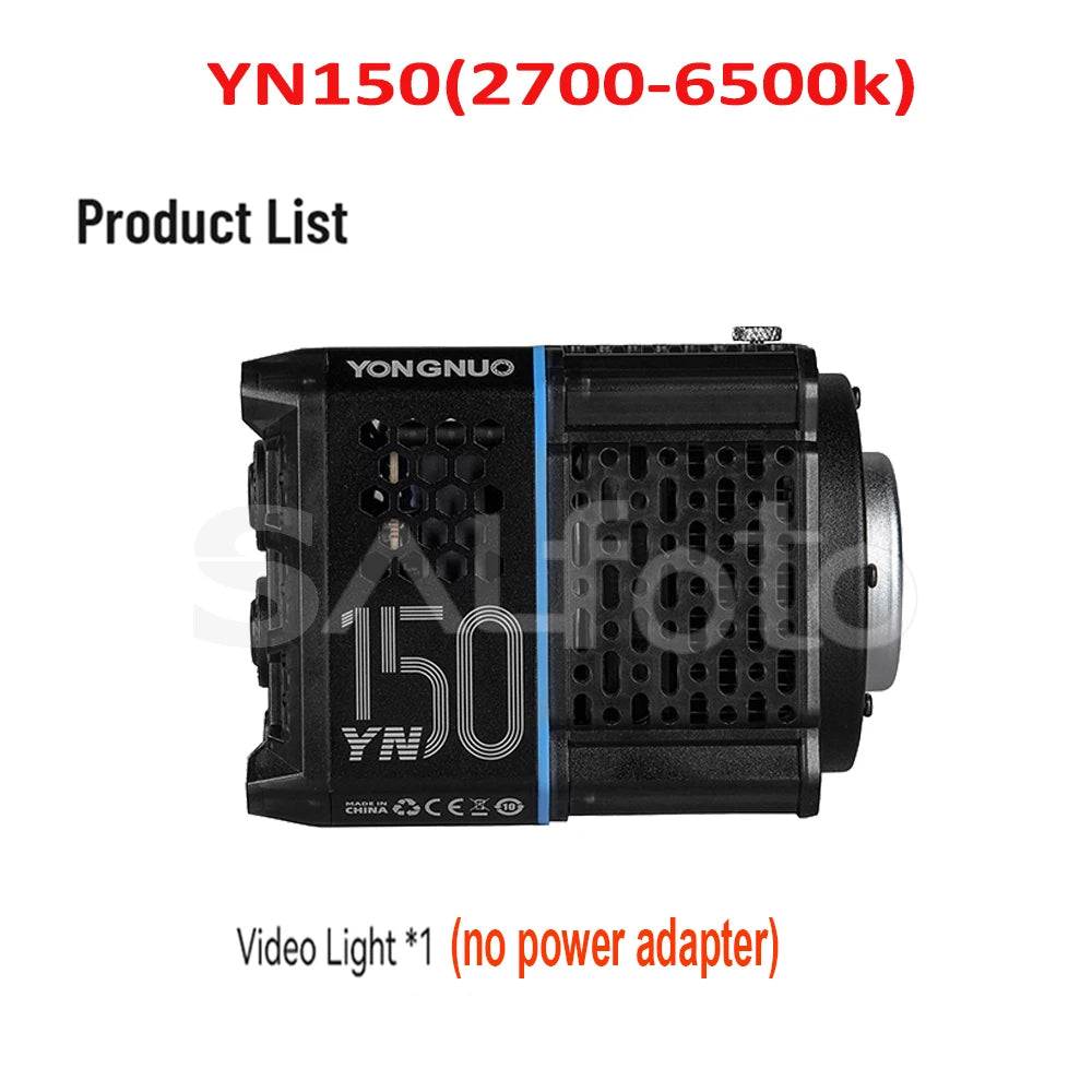 Black YN150 LED video light with a metal cooling vent housing, adjustable from 2700K to 6500K. Body only.