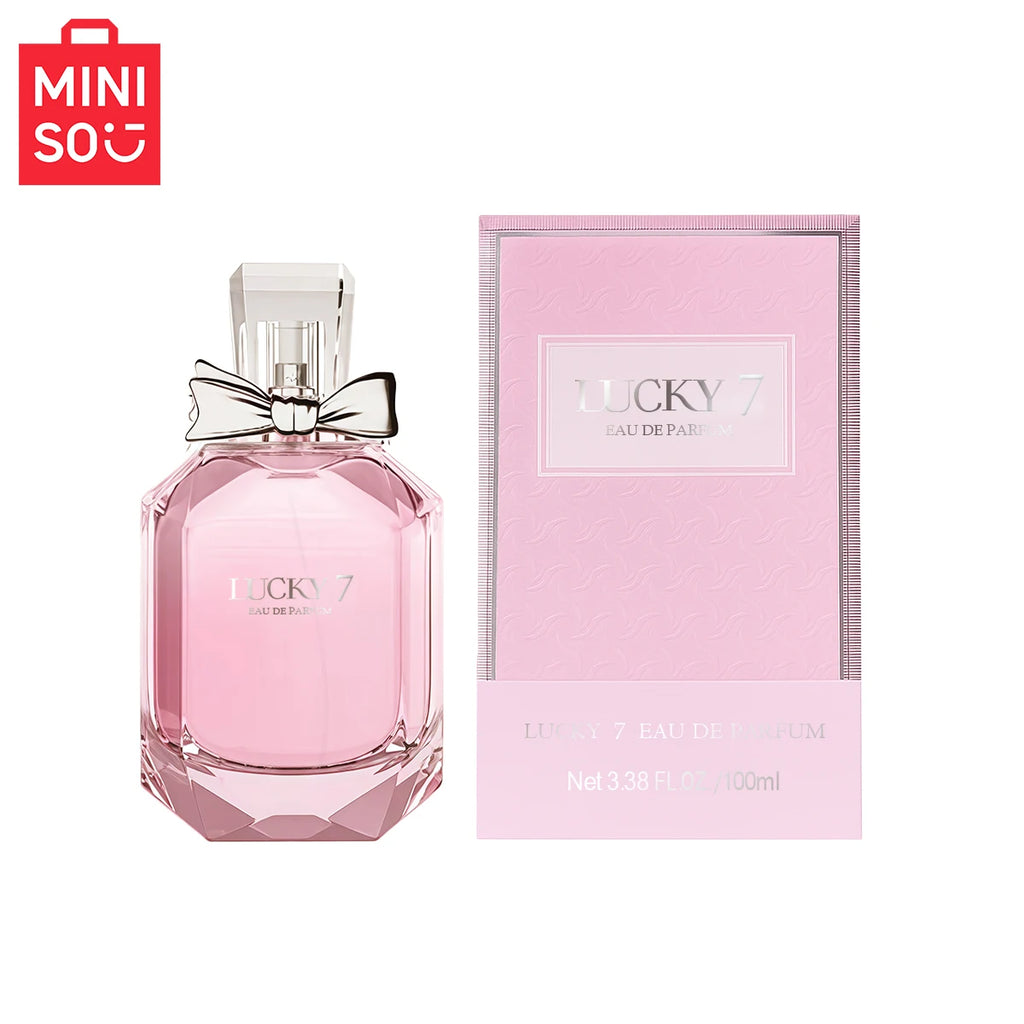 Miniso Lucky 7 Goddess 100ml floral Eau de Parfum for women. Pink faceted bottle with a bow in a luxury gift box.