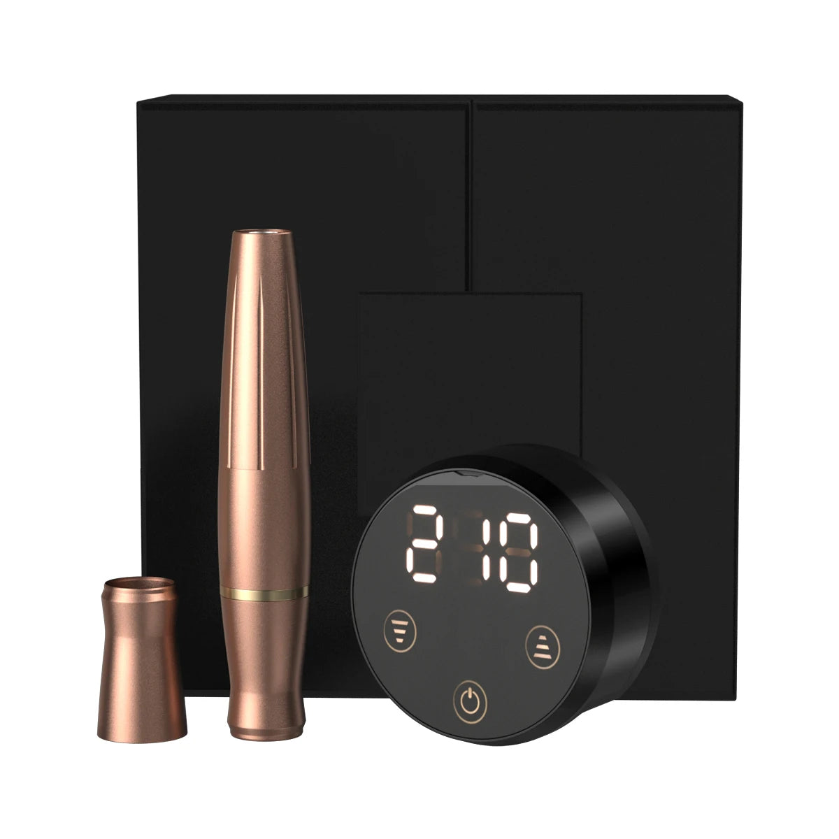 Rose gold portable tattoo pen with digital power supply display, showing numbered settings and touch control buttons.