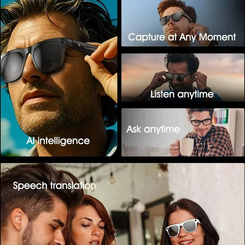Black and white smart glasses with cameras and speakers for photography, audio, AI assistance, and speech translation.