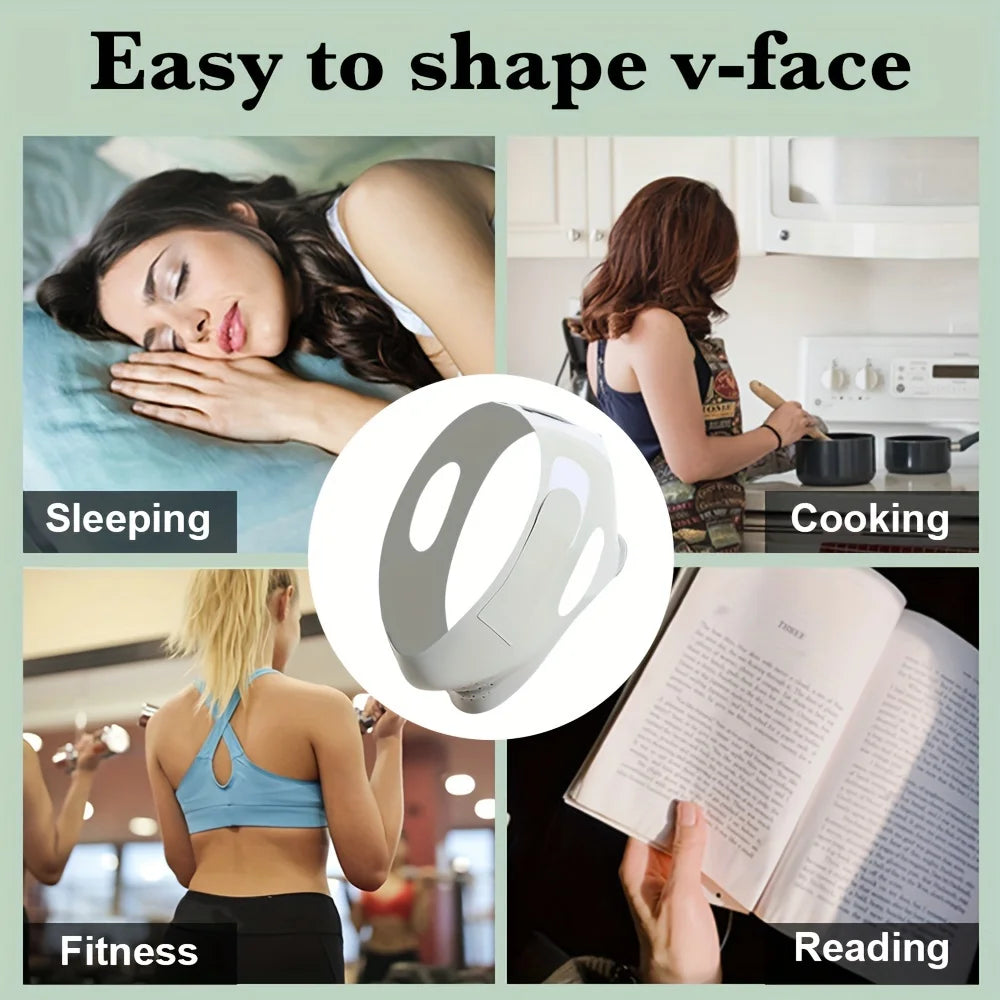 White adjustable face-slimming strap with ear cutouts, used for contouring the jawline while performing daily tasks.