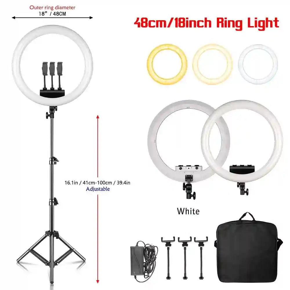 18 Inch Ring Light with Tripod Stand - Adjustable Professional LED Lamp 100 White cm Tidesmit