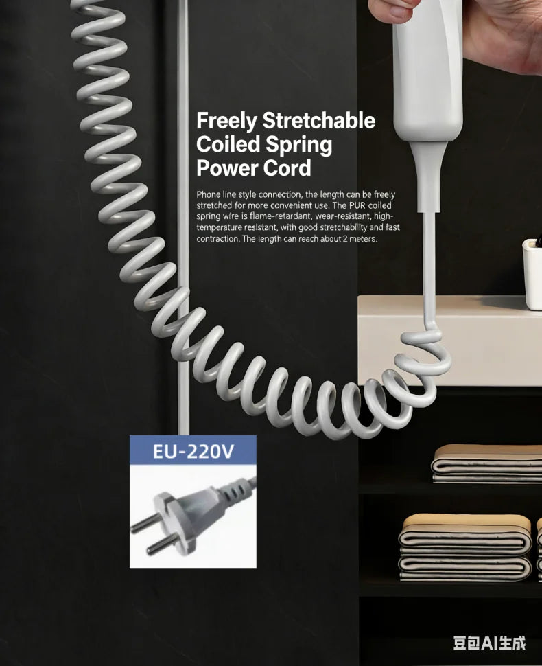 White wall-mounted hair dryer with 2m stretchable coiled power cord and EU plug for hotel or home bathroom use.