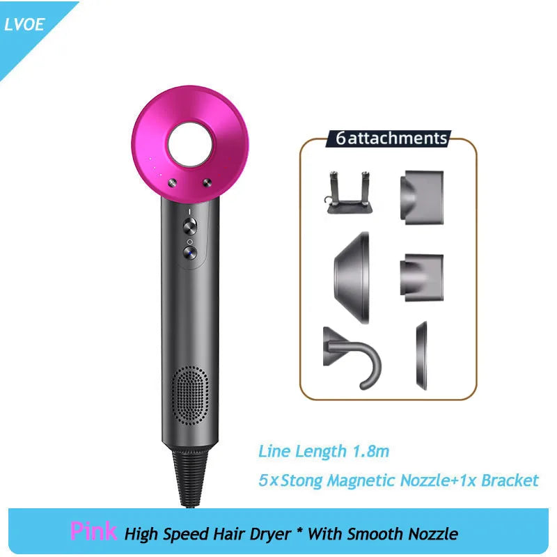 Pink high-speed ionic hair dryer with 6 magnetic attachments and wall bracket for professional salon styling at home.