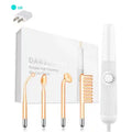 High-frequency skin wand with white handle, power dial, and four orange glass electrodes, plus a US power adapter.