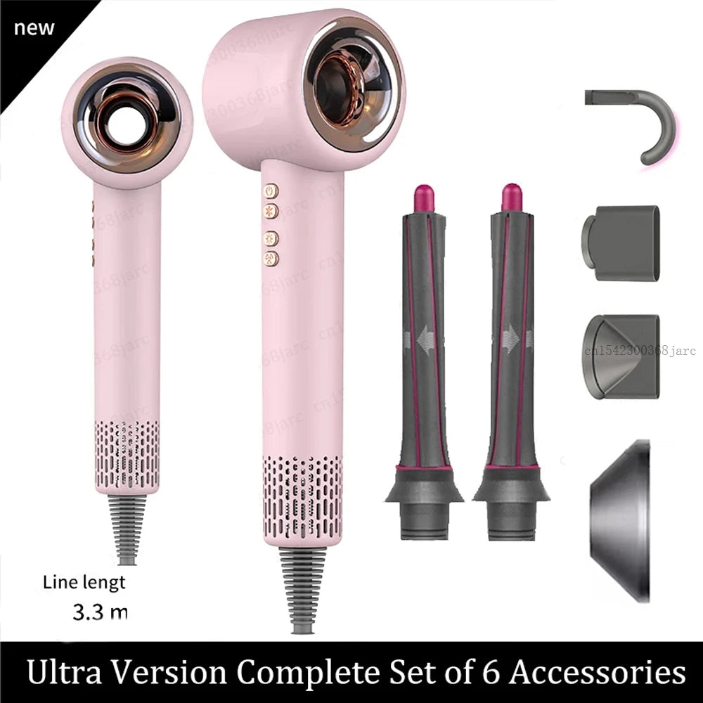 Pink leafless professional hair dryer with 6 attachments for salon-quality quick drying and ionic hair care.