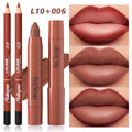 2pcs matte lip liner and velvet lipstick combo set in long-lasting nude brown shade for smooth, waterproof lip makeup.