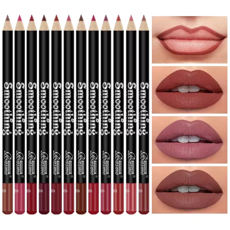 12-piece professional lip liner pencil set with black barrels, matte finish, and diverse long-lasting pigment colors.