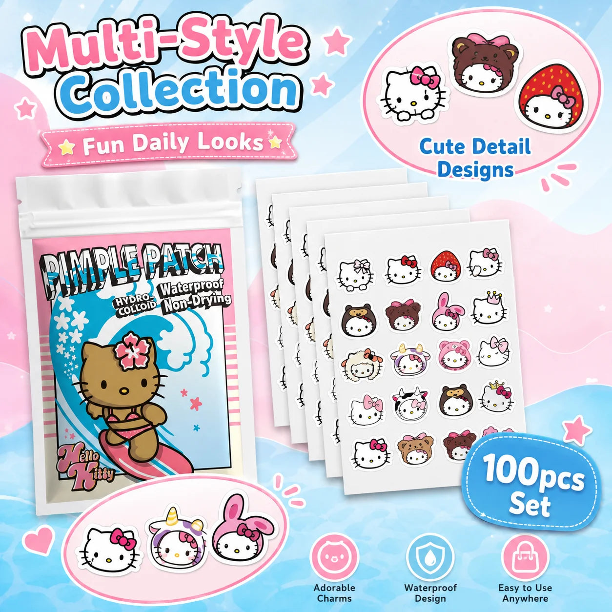 100PCS hello kitty Acne patches, facial acne patches, hydrogel acne removal patches, concealer