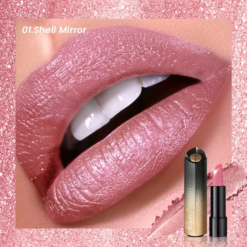 Pearly metallic lipstick in Shell Mirror, a creamy, high-pigment glitter shimmer shade for a smooth party makeup look.