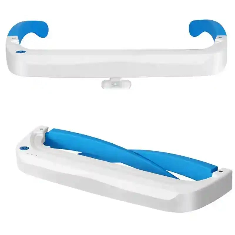 White and blue wearable light therapy glasses for sleep and energy, shown both unfolded and folded for travel.