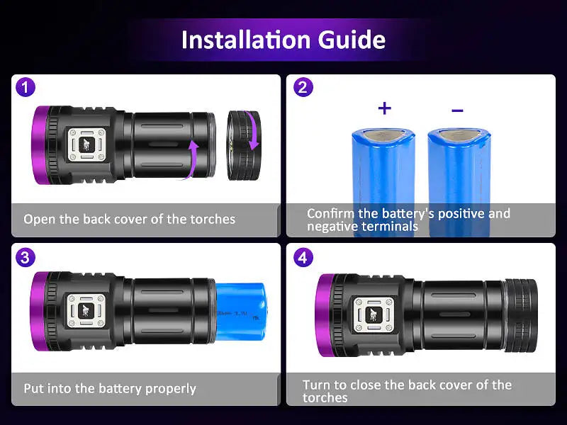 Installation guide for 120W rechargeable UV flashlight, effective for detecting pet urine stains.