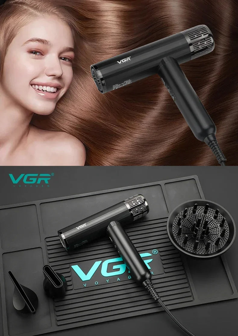 VGR V-427 black professional leafless hair dryer with negative ion technology, brushless motor, and styling nozzles.