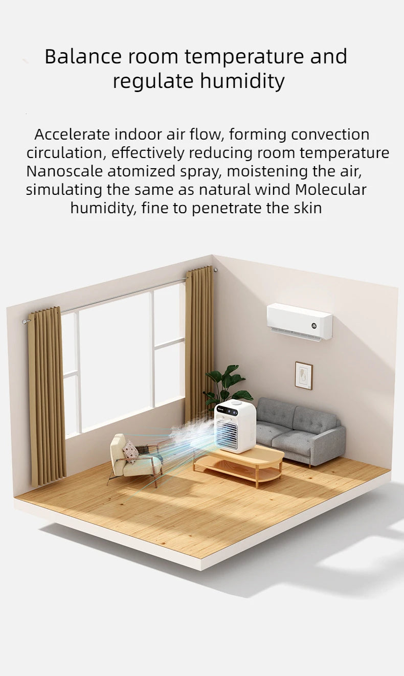 Tidesmit portable USB mini air cooler with water tank and 1800mAh battery, side view showing cooling features