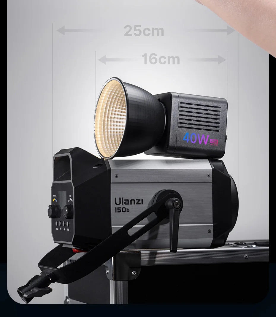 Black and silver 150W LED video light with a 40W RGB attachment and reflective hood for studio lighting photography.