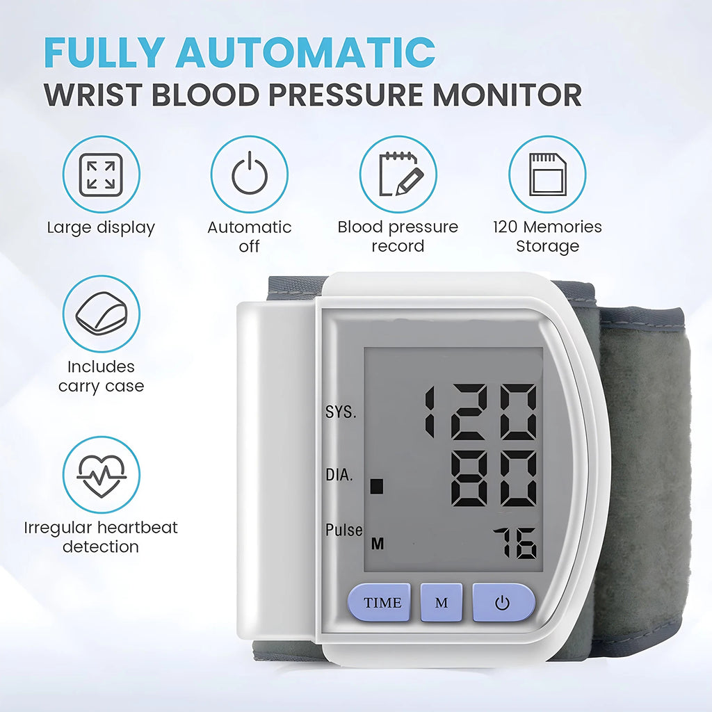 Wrist Digital Blood Pressure Monitor, Heart Rate Pulse Meter, Portable Sphygmomanometer Tensiometer for Home Use