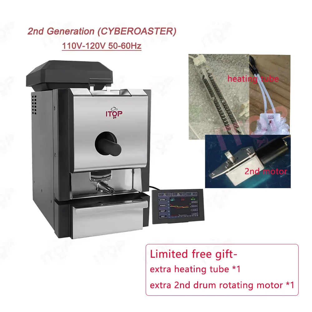 ITOP Cyberoaster 2nd Gen coffee bean roaster with stainless steel finish, digital display, and spare parts included.