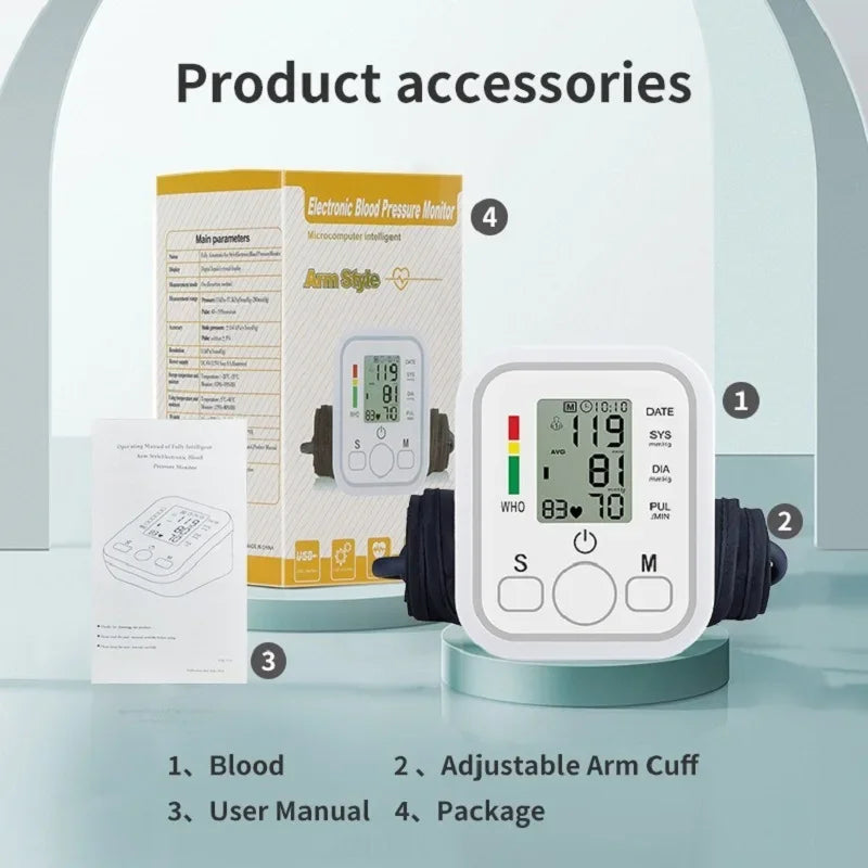 Arm Blood Pressure Monitor Pressure Sensor Monitor BP Equipment Automatic Tonometer Digital Tensiometer LED Display Arm Cuff