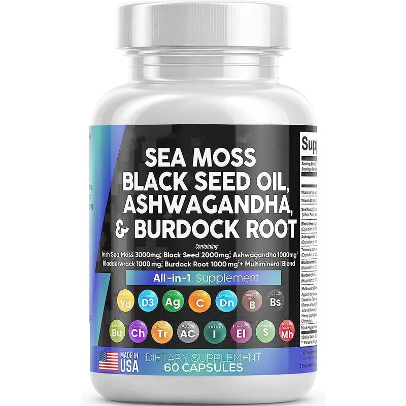 Sea Moss 3000mg Black Seed Oil Capsules Ashwagandha SHILAJIT Ginseng Chlorophyll for Women & Men Boosting Bone Skin Health