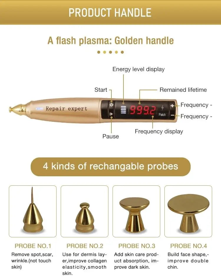 Gold 2-in-1 plasma pen with LED display and 4 interchangeable probes for facial lifting, rejuvenation, and spot removal.