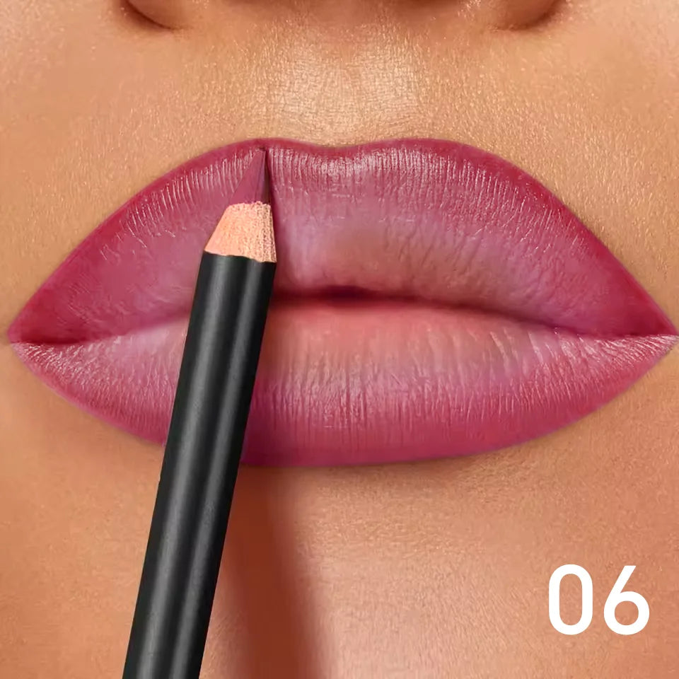 Long-lasting waterproof matte lip liner in shade 06, applying smooth, transfer-proof pigment to create defined lips.