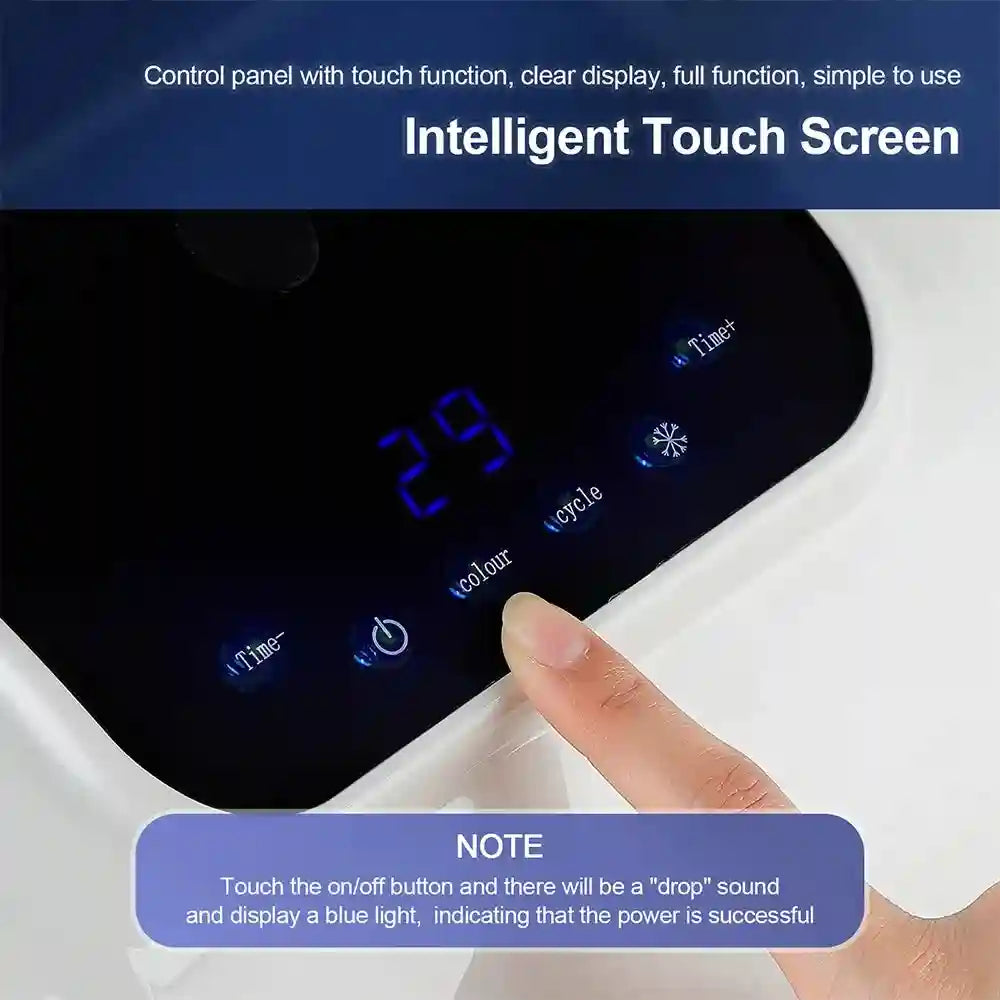 A close-up of a finger pressing the touch-sensitive power button on a black LED facial therapy device control panel.