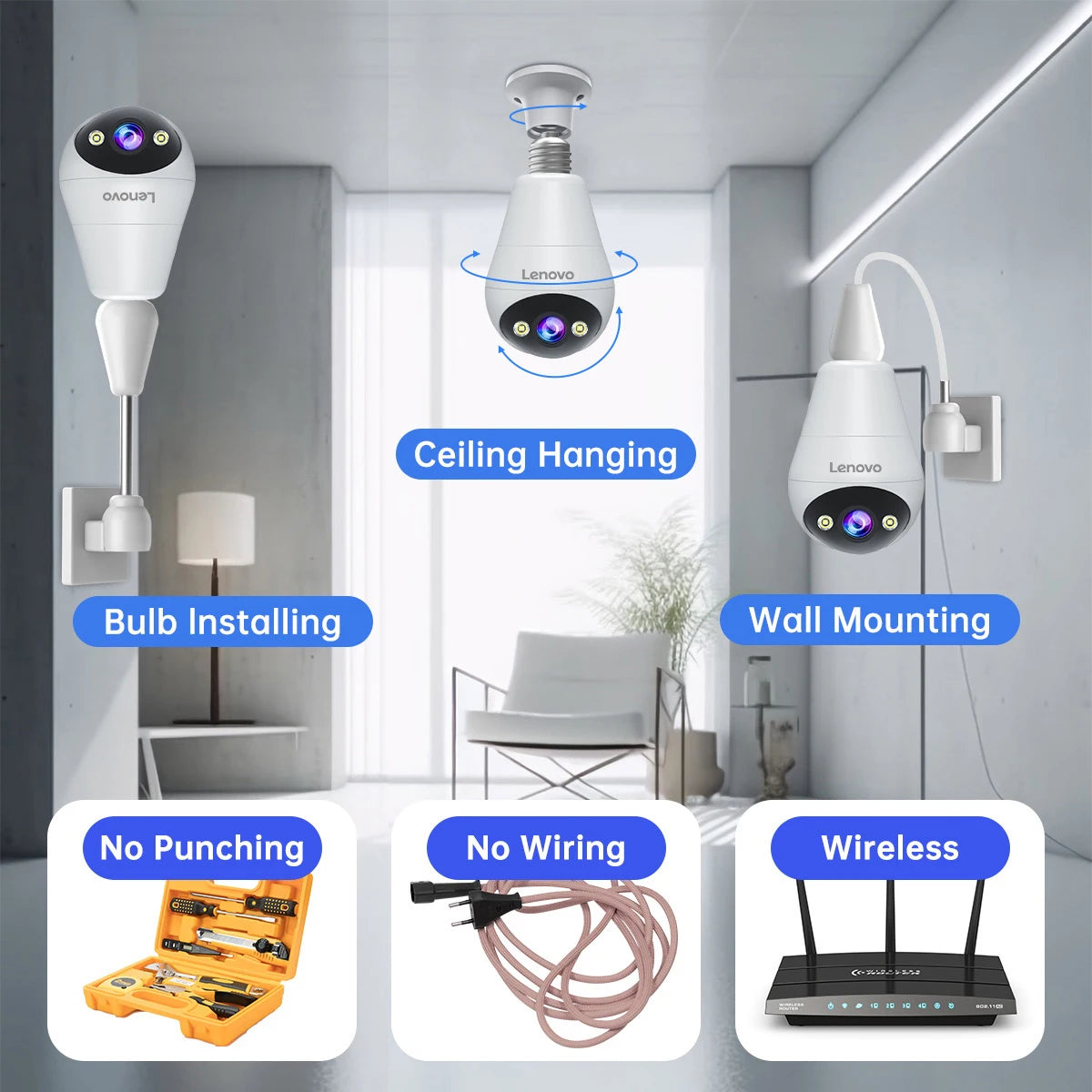 Lenovo 2K E27 Bulb WiFi Camera Home Indoor Video Surveillance Camera Color Night AI Tracking Security PTZ IP Camera Baby Monitor