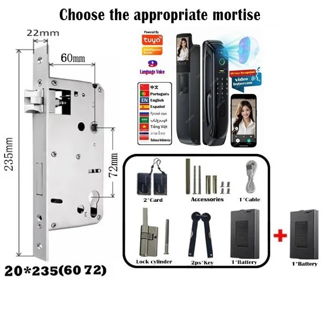 6068,5572,6072,6085 Mortise Lock Tuya Wifi App Camera Smart Digital Lock With Fingerprint Face Key Card Rfid