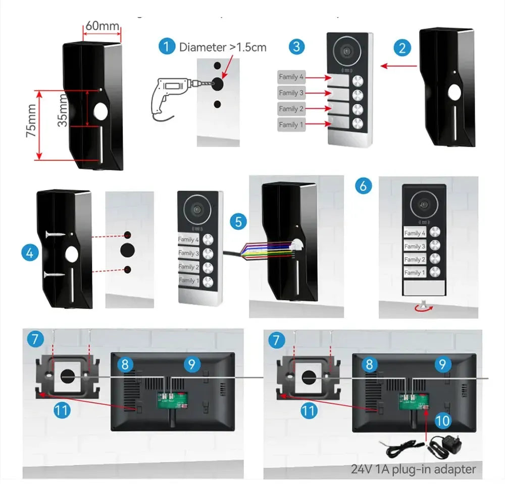 Intercom unit installation diagram with mounting steps and dimensions
