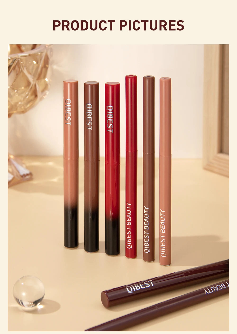 QIBEST matte velvet lip liner and lipstick pens in various shades, standing upright for contouring and makeup.