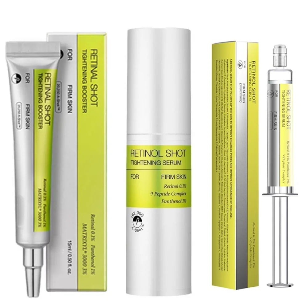 Retinol Shot skincare products, including a tube, a pump bottle, and a syringe-style serum, with lime green labels.