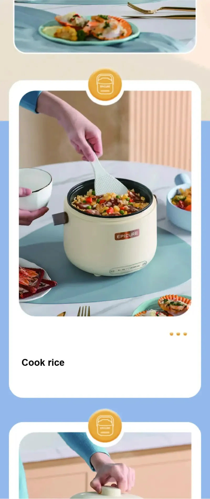 Mini electric rice cooker pot on table, cream nonstick cooker