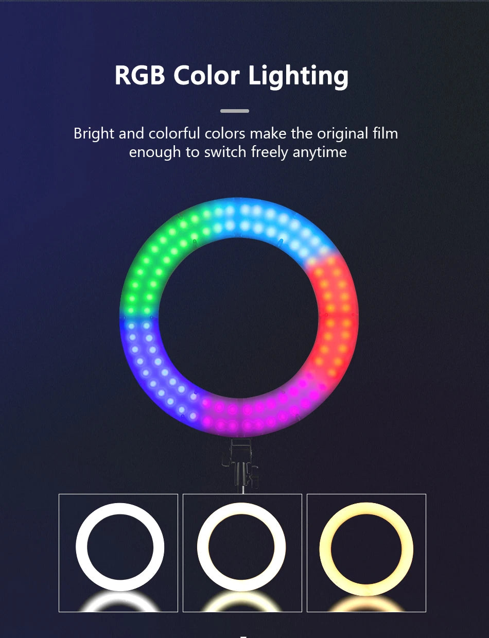 Circular RGB LED ring light for photography and video, showing multicolored light modes and various white light tones.