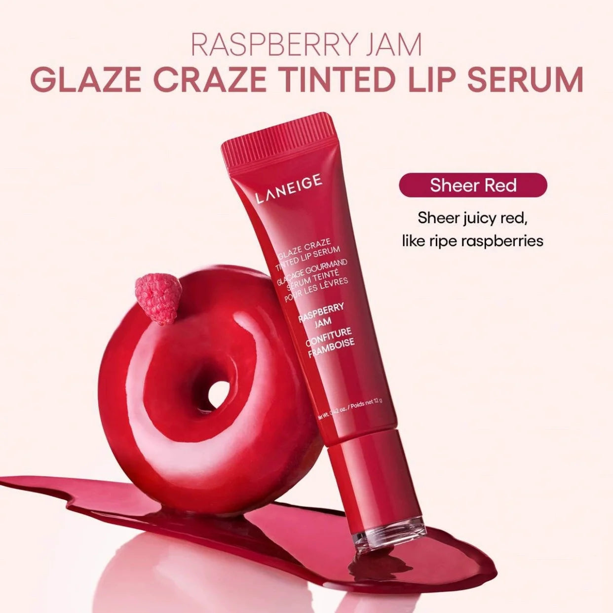 Laneige Glaze Craze Tinted Lip Serum in Raspberry Jam: a moisturizing, sheer red plumping lip gloss with glossy finish.