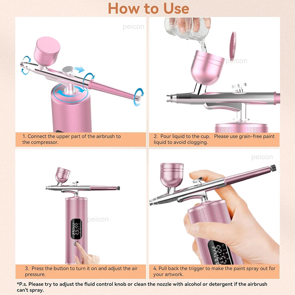 Pink portable airbrush nail machine kit with compressor for nail art, makeup, and cake decorating instructions.