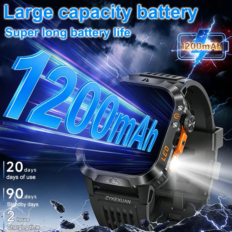 New Military Grade 1200mAh Battery Smartwatch Men 5ATM Waterproof Sports Tracker Flashlight Heart Rate AMOLED Screen Smart Watch