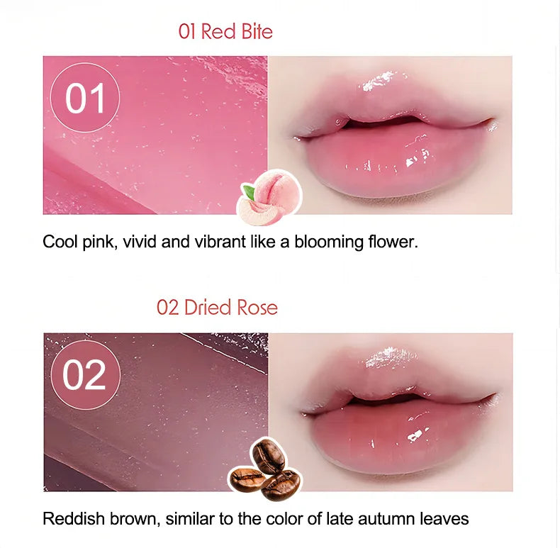 Hydrating twist-up lip balm in Red Bite pink and Dried Rose brown with a glossy, non-sticky, moisturizing finish.