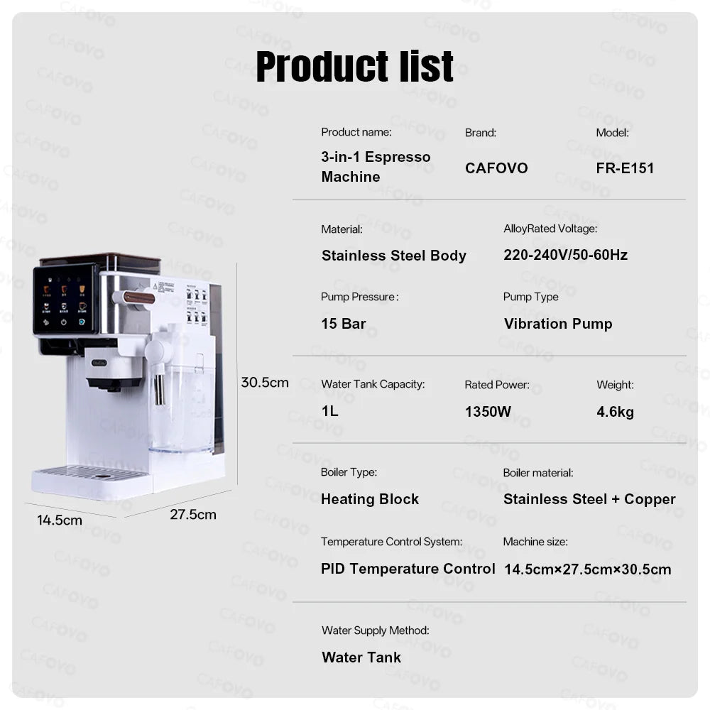 CAFOVO 3-in-1 stainless steel espresso machine with 1L water tank, 15 bar pump, and PID temperature control.