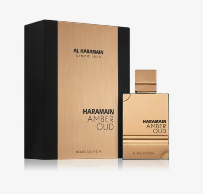 Al Haramain Amber Oud Black Edition: Unisex oriental floral oud perfume in a sleek, gold rectangular bottle.