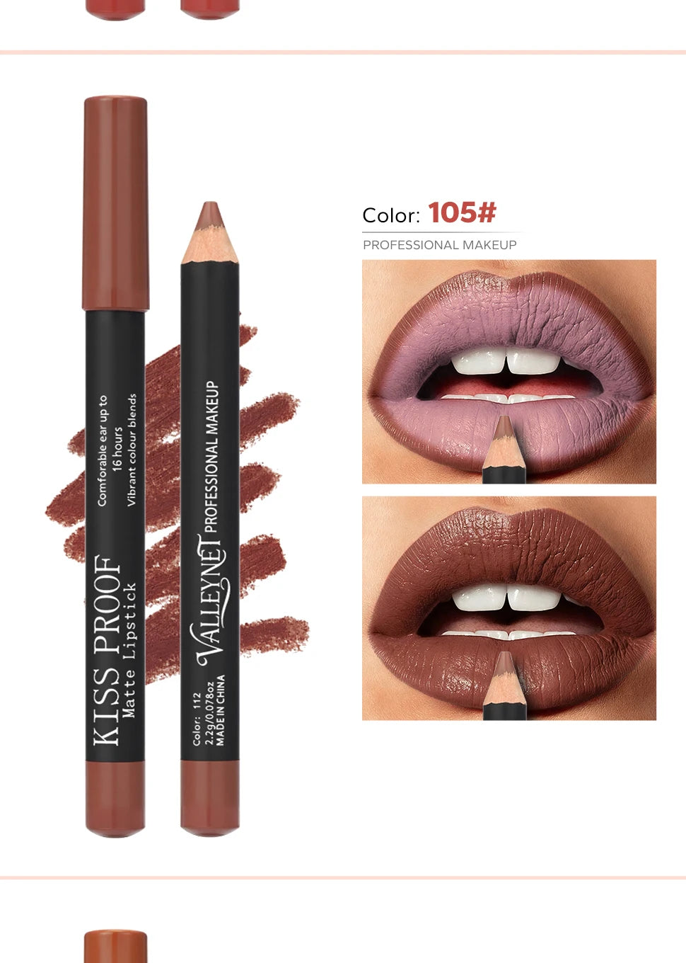 4-piece wood lipstick set in nude brown, featuring a long-lasting, waterproof velvet matte finish and lip swatches.