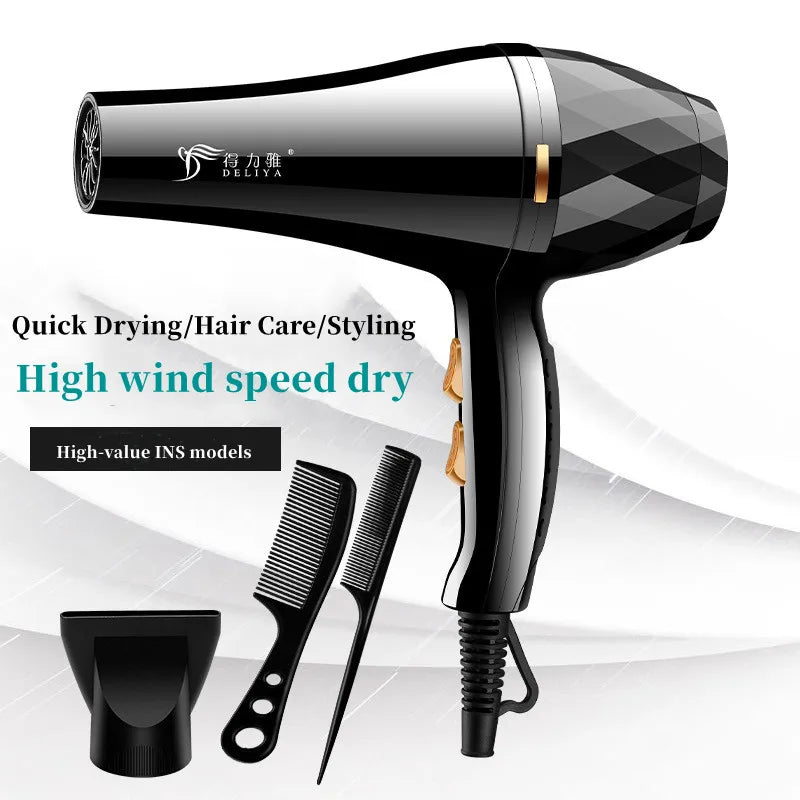 Black 2400W high-speed negative ion hair dryer with styling nozzle and combs for professional home hair care.