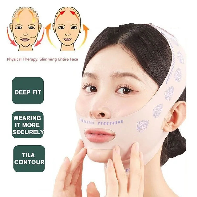 Woman wearing a pink V-line lifting mask and chin strap bandage for face slimming and contouring.