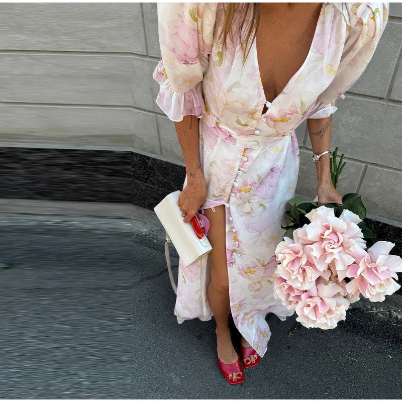 Printed Lace Patchwork Maxi Dress Women V-Neck Half Sleeve Single Breasted Lace Up Long Dresses 2026 Summer All-match Lady Robes