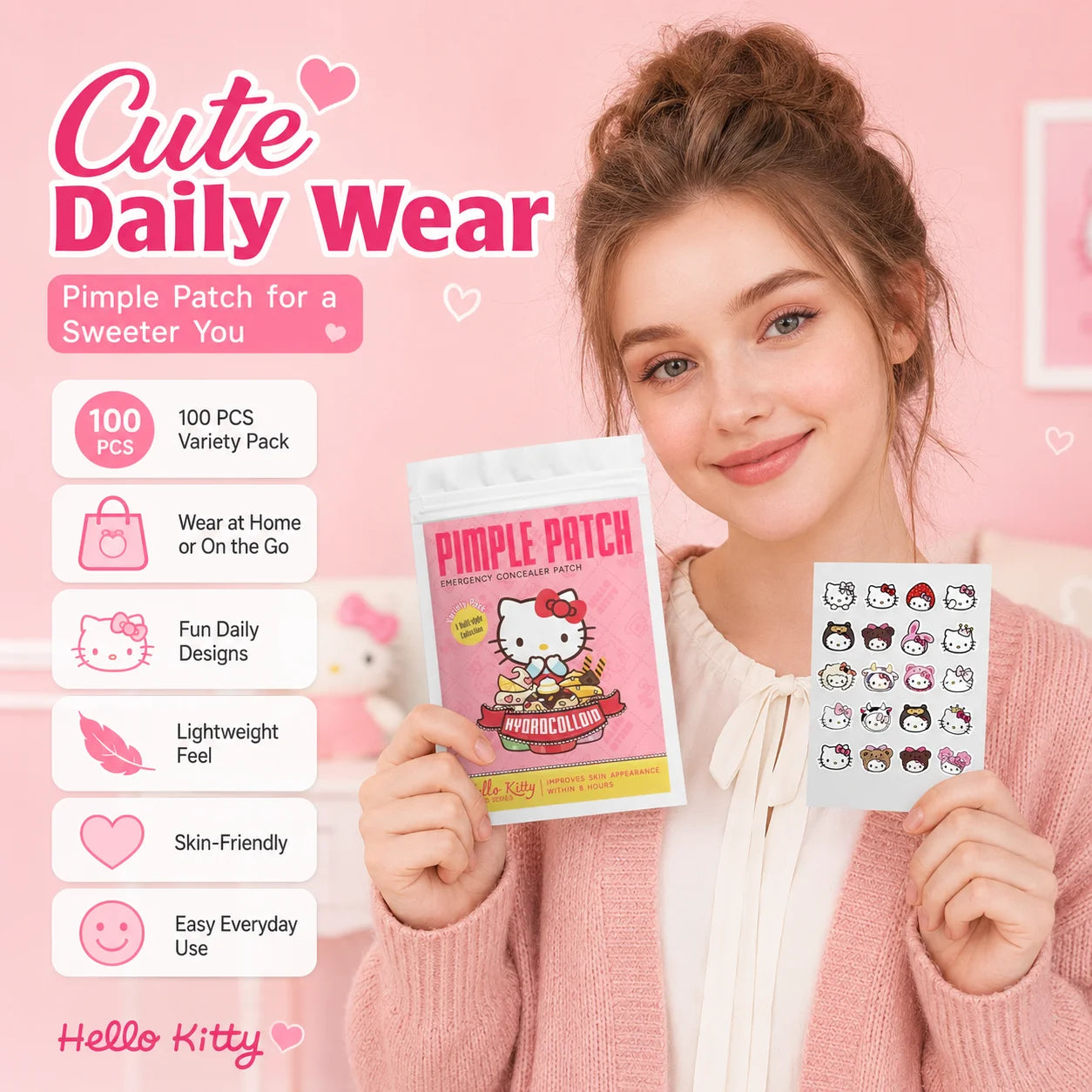 100PCS hello kitty Acne patches, facial acne patches, hydrogel acne removal patches, concealer