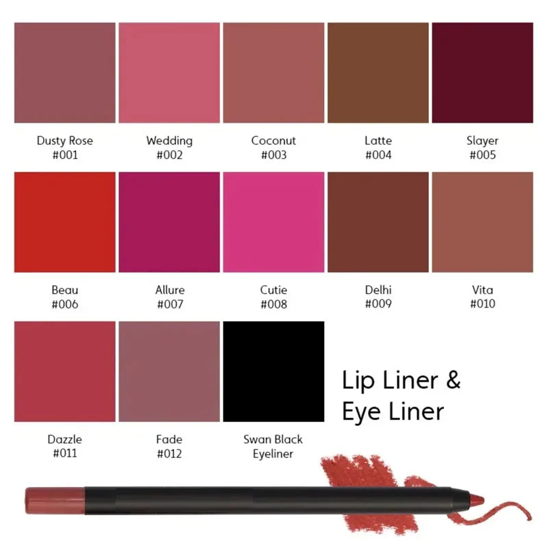 Matte waterproof lip liner pencil in nude brown shades with long-lasting, smooth texture and non-stick color swatch.