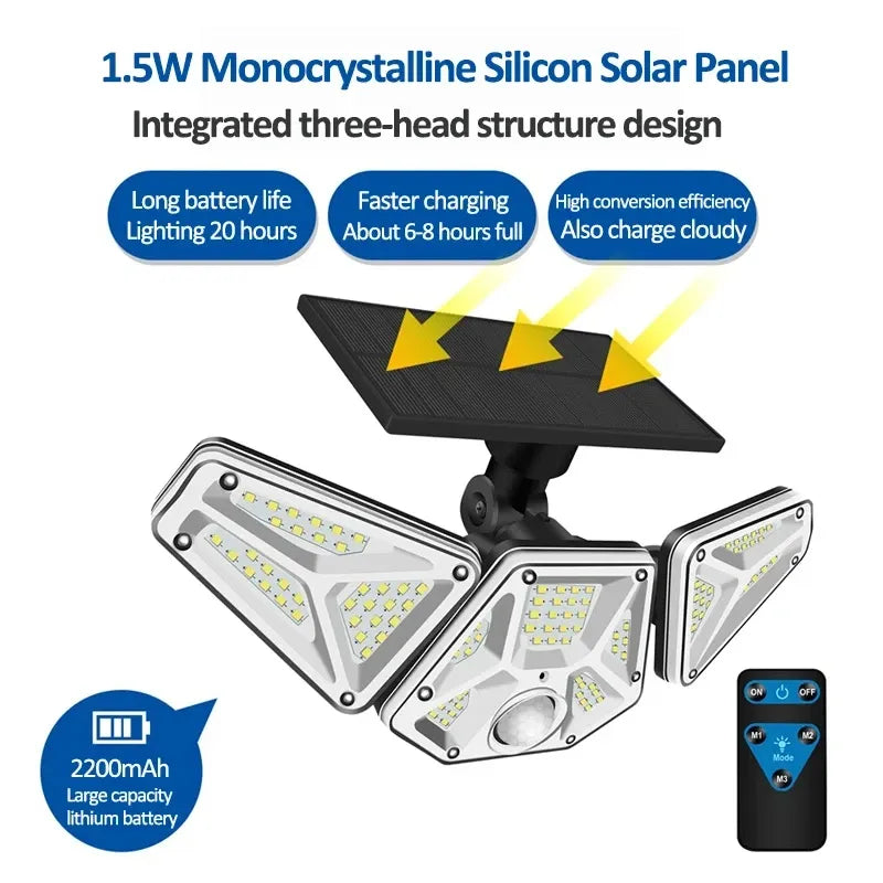 Three-head solar wall light with angled LED array, PIR sensor, and remote control