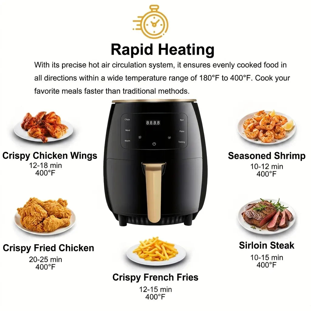 Black air fryer with cream handle and illustrated cooking dishes around it
