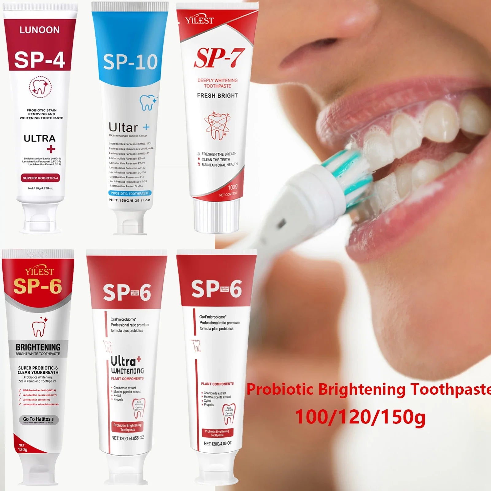 Tidesmit SP-6 probiotic brightening toothpaste for stain removal, teeth whitening, and fresh breath.