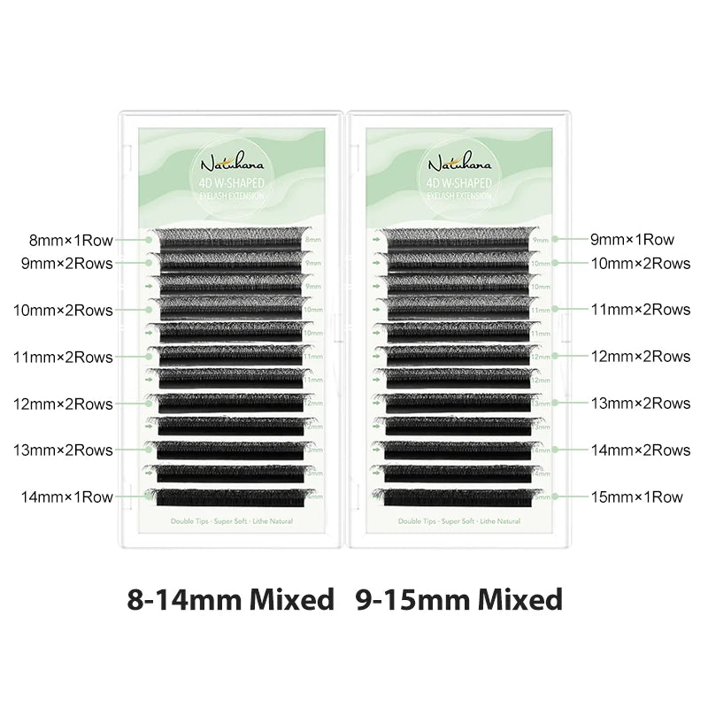 Two cases of Natuhana black 4D W-shaped premade eyelash extension volume fans in assorted lengths.